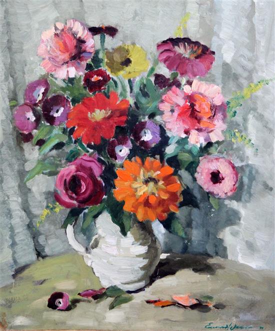 § Edward Wesson (1910-1983) Still lifes of flowers in a pottery jug and a pewter flagon, 15.5 x 13.5in.